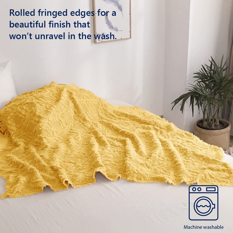 Simple&Opulence 100% Cotton Throw Blanket for Bed, Couch, Boho Textured Geometric Knit Woven Blanket with Tassels Soft, Lightweight Breathable Shabby Chic Farmhouse Decoration for All-Season(Yellow) - Image 5